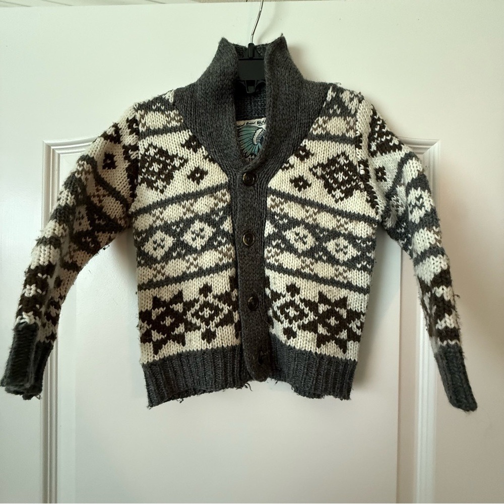 RUUM Kids Shawl Collar Cardigan Sweater Grey Fair Isle Knit 18 Months